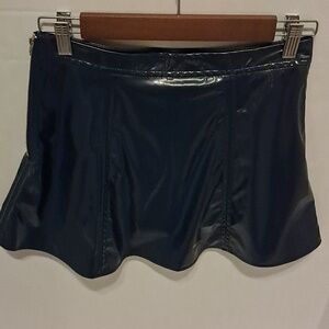 TCEC Women Blue Faux Leather Pleated Mini  Skort w/ Side Zipper  Vegan Shiny